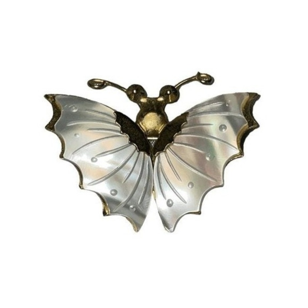 Vintage Seashell Inlay Butterfly Brooch Moth Gold Tone Metal Ivory‎ Shell